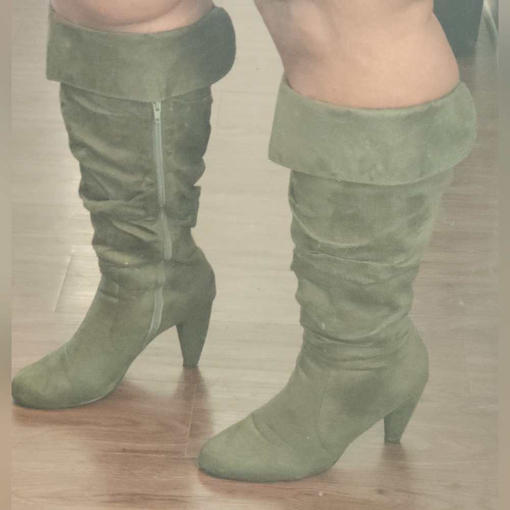 Foldover Knee-High Heeled Boots in Olive Green